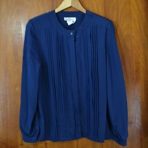 SALE! Vintage 80s Pleated Button Blouse Navy Blue
